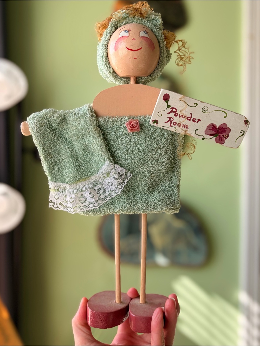 Handcrafted Green Powder Room Towel Doll Accent Art Decor